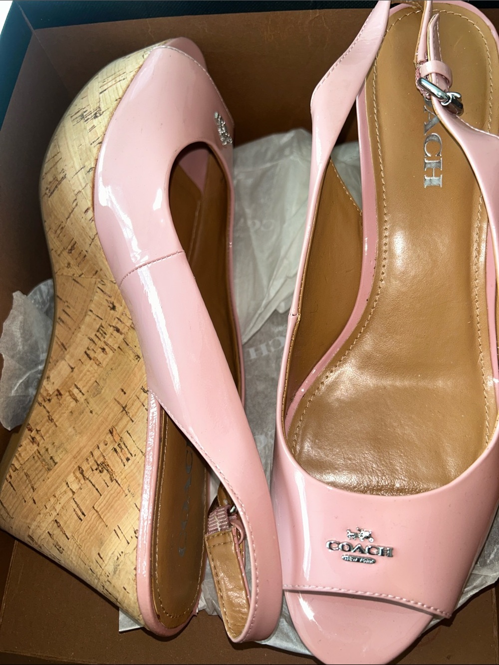 Coach Blush Pink Patent Cork Wedge Slingback Sandals
